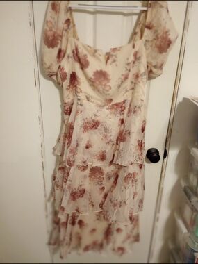Cream Midi Dress with Dusty Rose Floral Print